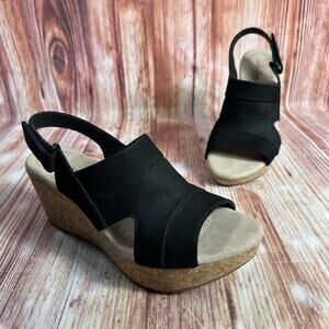 Clarks ANNADEL IVORY Size 8 Black Suede Cork Wedge Heel Sandals Open Toe Shoes
